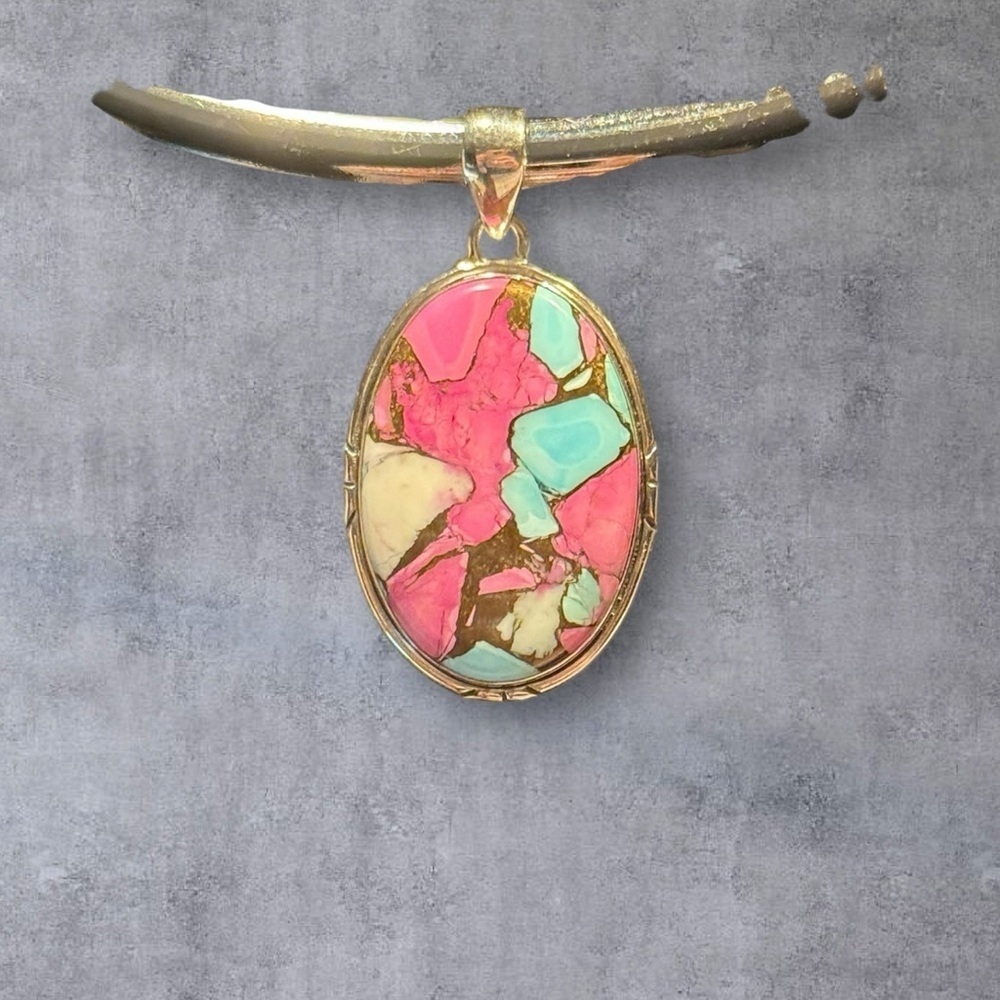 Silver Pendant with Bubble Gum Pink and Turquoise Necklace - Picture 2 of 4